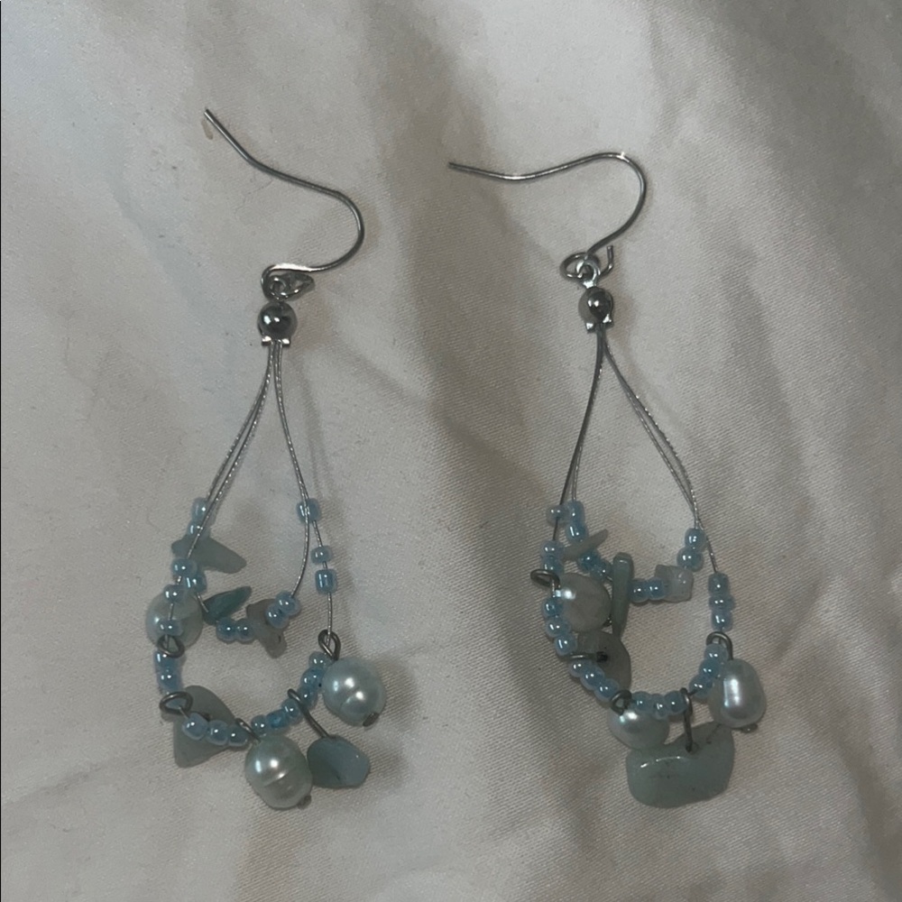 Homeade Elegant Silver and Blue Beaded Earrings